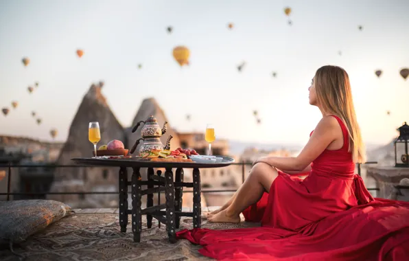 Girl, balloons, mood, Breakfast, red dress, Turkey