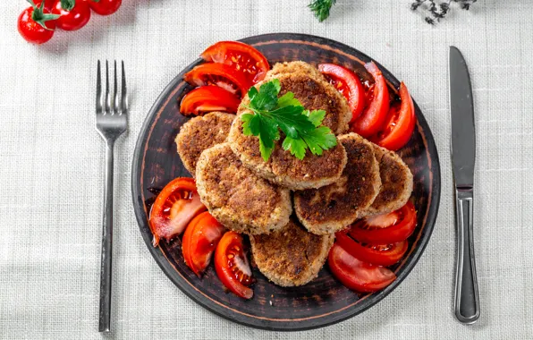 Table, food, plate, knife, meat, plug, tomatoes, Patty