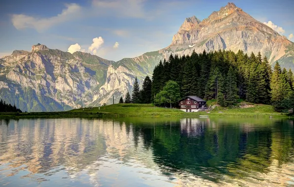 Forest, mountains, lake, reflection, shore, house, pond