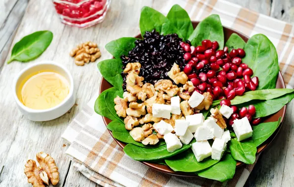 Leaves, cheese, nuts, dish, garnet