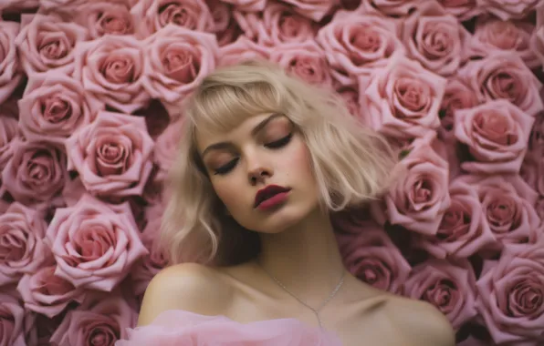 Summer, girl, flowers, face, pose, eyelashes, portrait, roses