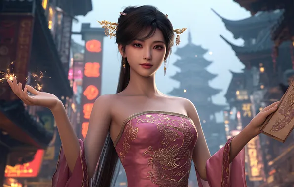 Look, girl, earrings, dress, hairstyle, Chinese, Asian, long hair