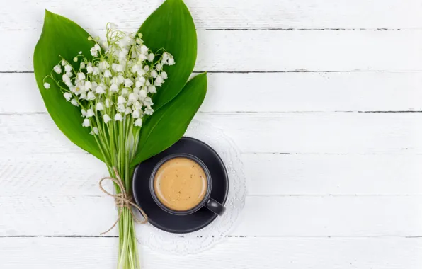 Picture coffee, bouquet, spring, lilies of the valley, Ellygri