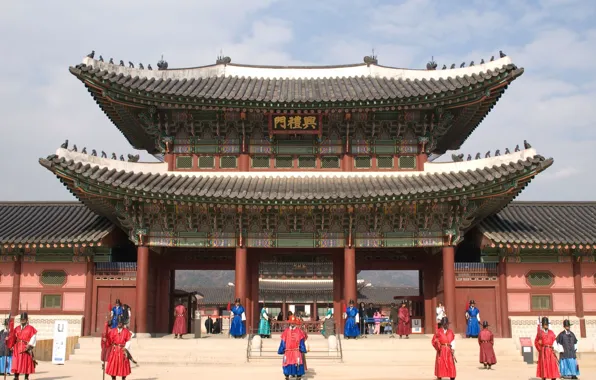 Roof, people, building, temple, architecture, structure, South Korea, Gyeongbokgung