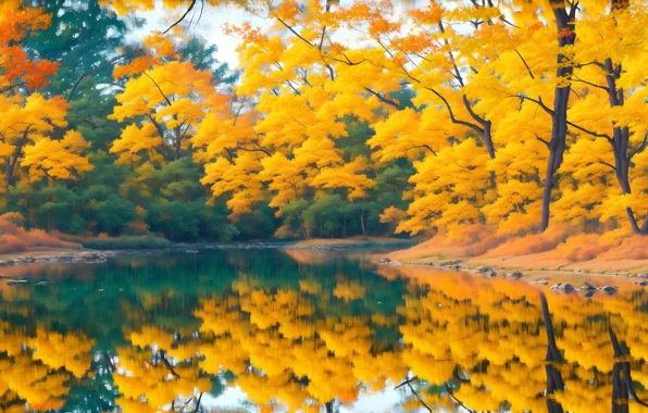 Autumn, forest, trees, lake, reflection, shore, foliage, pond