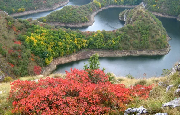 Mountains, river, vegetation, Serbia, The Canyon Of The Uvac River