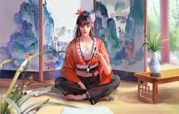 Girl, art, barefoot, brunette, artist, asian, digital art, artwork
