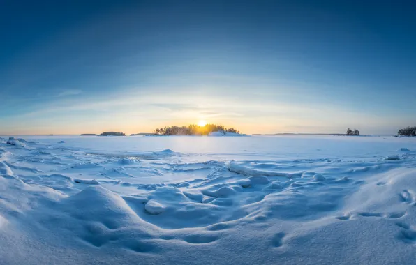 Winter, field, the sun, clouds, light, snow, sunset, nature