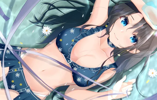 Girl, sexy, cleavage, long hair, boobs, anime, water, blue eyes