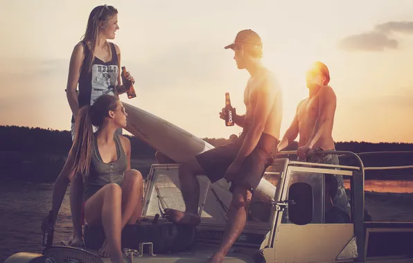 Summer, happiness, sunset, girls, stay, serenity, beer, jeep