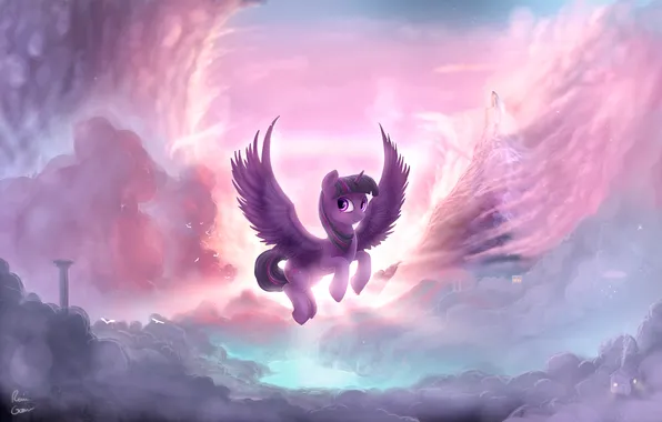 Picture clouds, flight, river, cartoon, pony