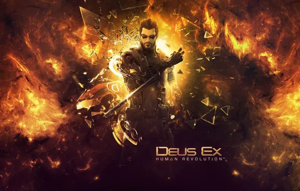 Picture rays, fragments, glow, logo, human revolution, deus ex, Adam Jensen, fan art