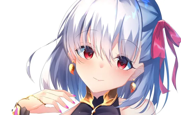 Face, hand, girl, white background, blush, red eyes, blue hair, earrings