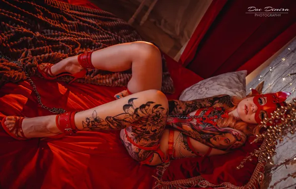 Girl, pose, feet, mask, tattoo, bed, red, redhead