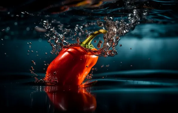 Water, squirt, red, bubbles, splash, pepper, under water, in the water
