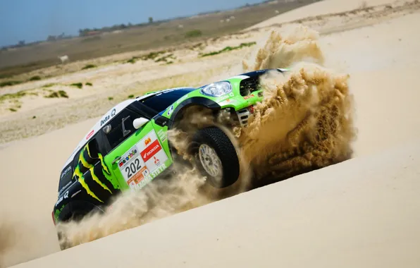 Sand, Sport, Green, Speed, Race, Mini Cooper, Rally, Dakar