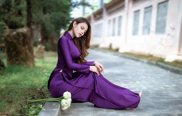 Flowers, pose, model, portrait, makeup, figure, dress, hairstyle