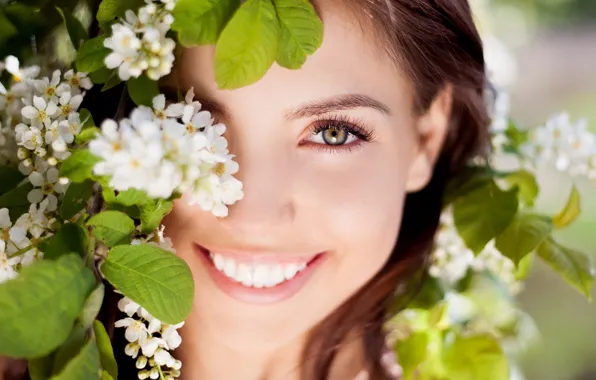 Picture eyes, look, leaves, girl, joy, flowers, nature, face, smile, background, Wallpaper, mood, laughter, positive, brunette, …