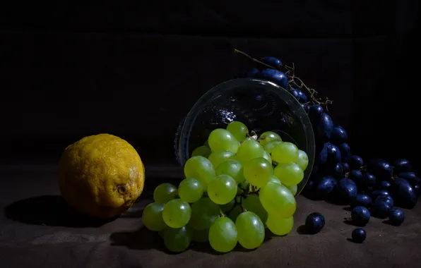 Blue, green, the dark background, lemon, grapes, fruit, still life, bowl