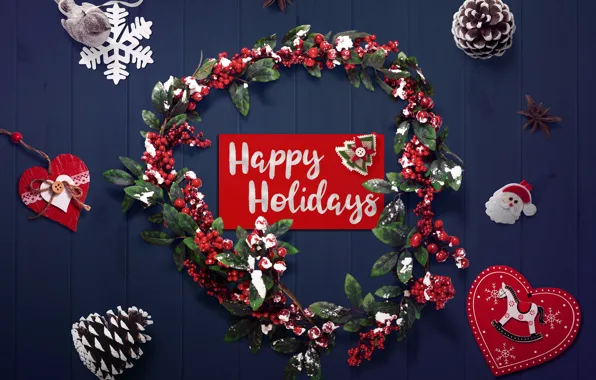 Leaves, snow, red, berries, holiday, the inscription, Board, Christmas