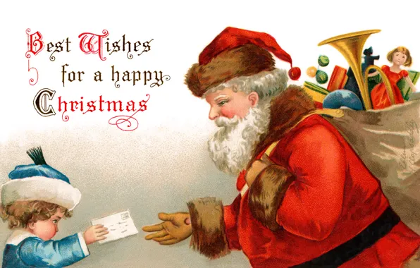 Letter, toys, boy, Santa Claus, bag, Santa Claus, postcard