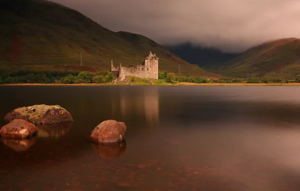 Picture autumn, mountains, stones, castle, overcast, hills, shore, Scotland