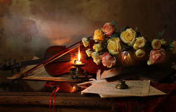 Flowers, style, notes, pen, violin, roses, candle