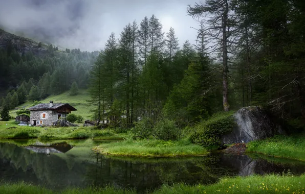 Picture forest, mountains, home, pond, Tignes