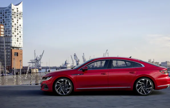 Red, Volkswagen, in profile, R-Line, liftback, 2020, Arteon