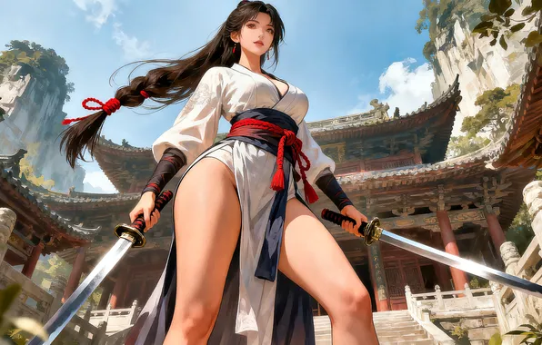 Picture girl, sword, fantasy, brunette, AI art