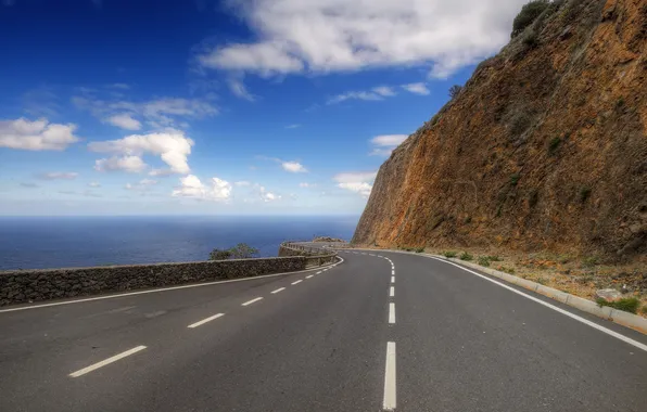 Road, sea, landscape, mountain