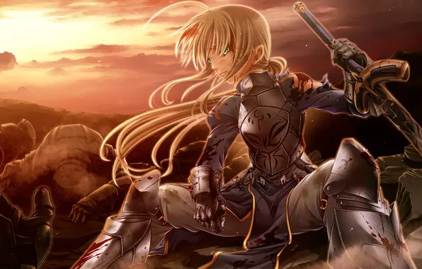 Picture girl, the evening, armor, anime, warrior, art, Fate Stay Night, Saber