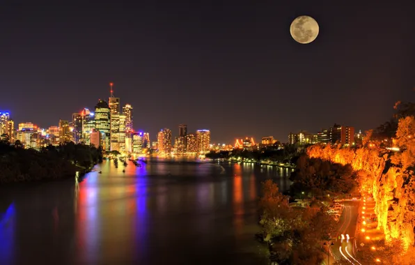 Road, night, lights, Strait, skyscrapers, The moon, panorama, Australia