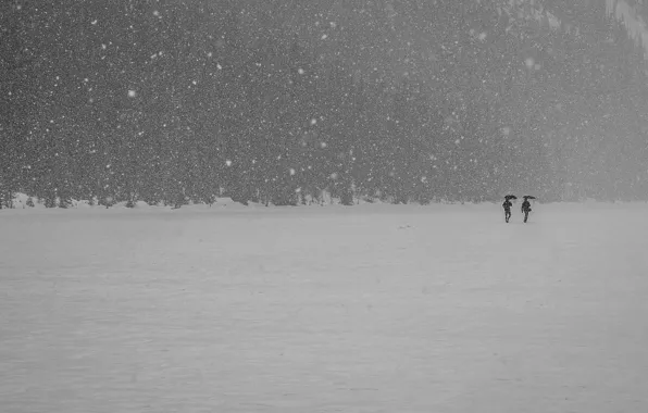 Winter, snow, mountains, lake, people, umbrella, walking, frozen