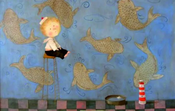 Picture fish, boy, bowl, Eugenia Gapchinska, A small miracle