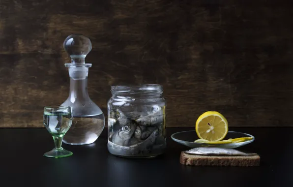 Lemon, fish, Bank, still life, vodka, decanter
