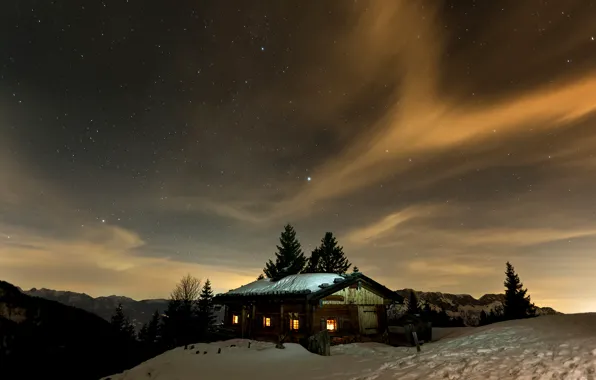 Winter, the sky, stars, snow, mountains, lights, house, twilight