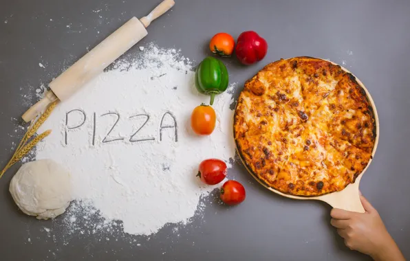 Picture hand, cheese, vegetables, pizza, cakes, pizza, flour, the dough