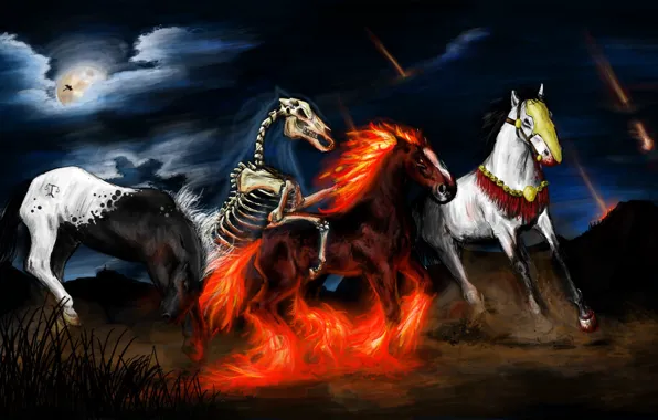 The sky, night, darkness, fire, flame, the moon, figure, horses