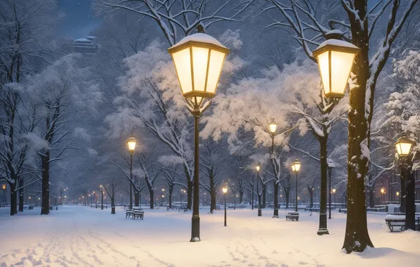 Winter, snow, night, Park, street, lights, night, park