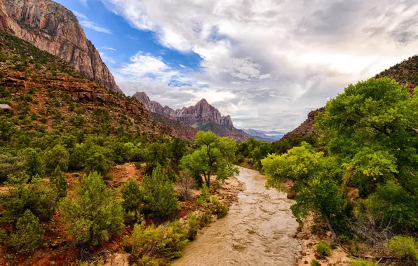 Picture mountains, river, Zion National Park