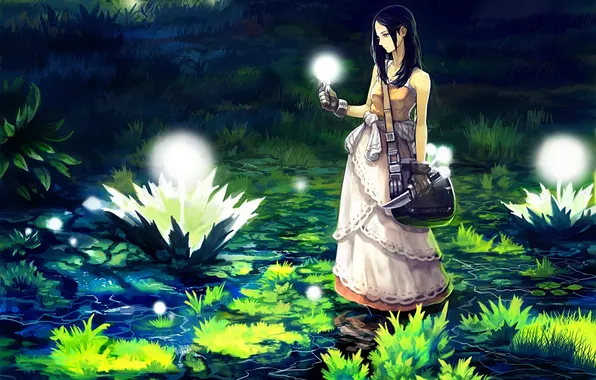 Picture water, girl, flowers, weapons, anime, art, knife, bag