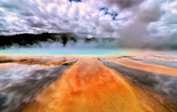 The sky, clouds, mountains, lake, source, geyser