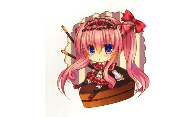 White background, bows, blue eyes, pink hair, big eyes, the actual, chocolate dessert, Lilia Chocolanne