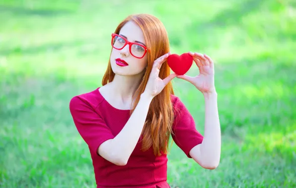 Picture look, pose, heart, Girl, dress, glasses, red