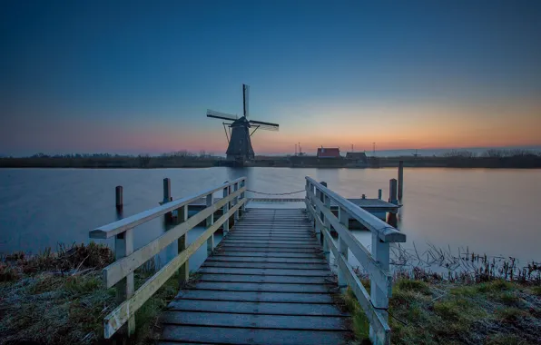 Bridge, channel, Netherlands, windmill, Kinderdijk