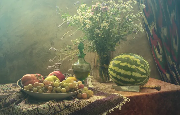 Picture table, bouquet, knife, Still life with watermelon and fruit