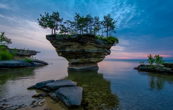 Picture sea, the sky, clouds, trees, sunset, lake, stones, rocks