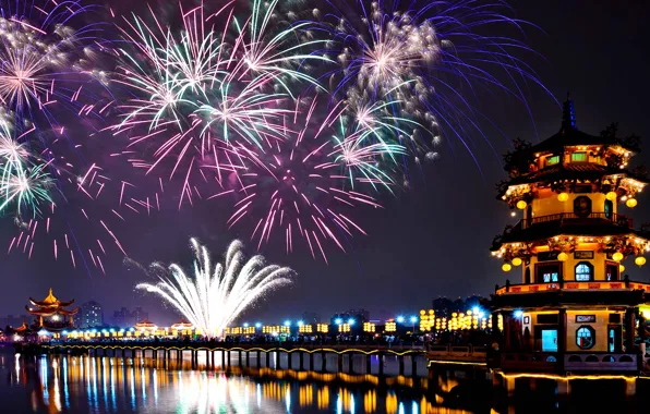 Picture salute, New Year, Taiwan, fireworks, Kaohsiung, Lotus Lake