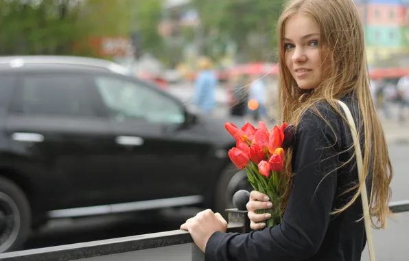 Picture machine, look, girl, smile, bouquet, blonde, tulips, railings